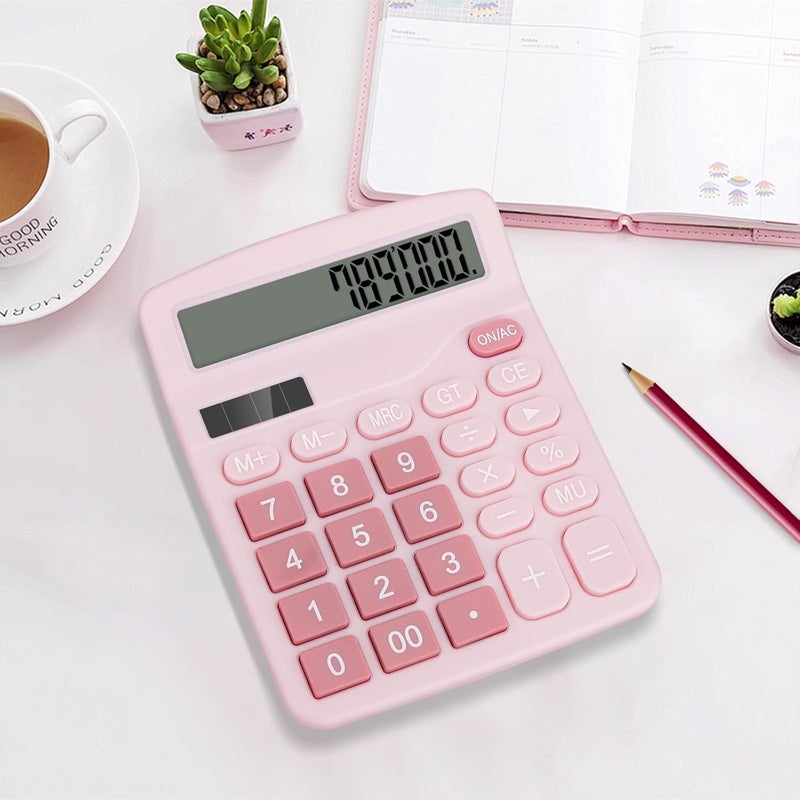 HUTUDD Desktop Calculator, Pink Calculator Big Buttons, 12-Digits Large LCD Display, Solar and AA Battery Dual Power, Desk Calculators for Office Home School Business Class (Pink) - Image 3